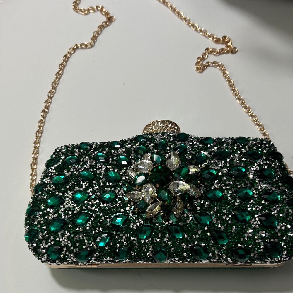 Emerald Crystal Evening Clutch with Gold Chain - Picture 10 of 16